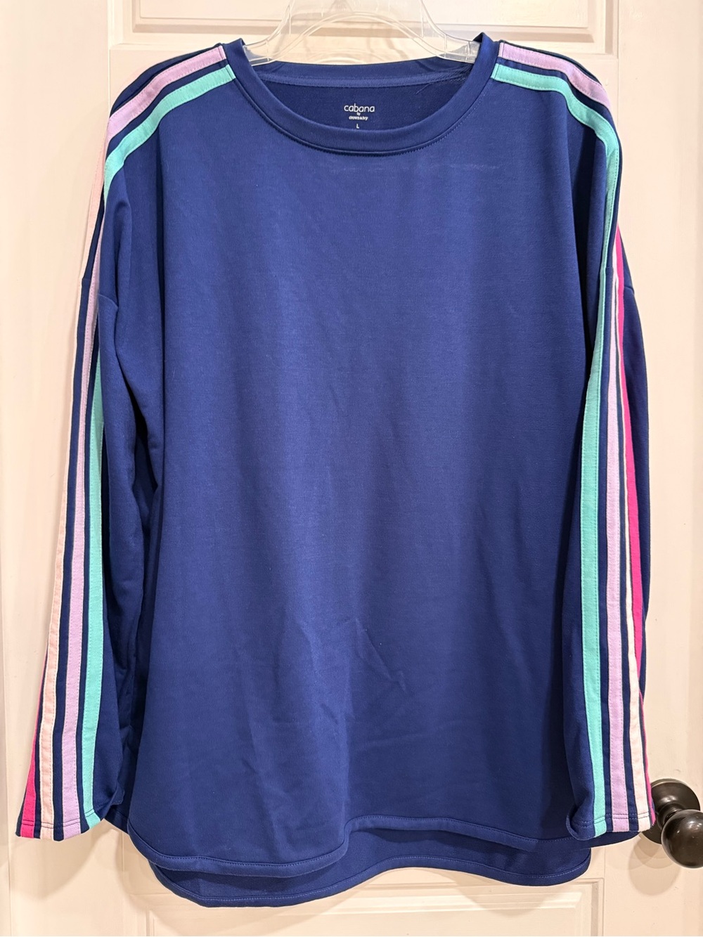 Crown & Ivy Cabana L Navy Rainbow Stripe Sleeve Long Sleeve Top Like New